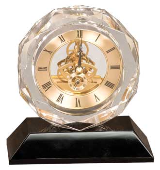 0007  -  5 3/4" Clear Crystal Clock on Black Pedestal Base