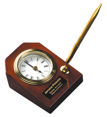 9" x 4 3/4" Piano Finish Desk Clock on Base with 2 Pens