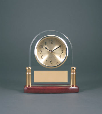 0004  -  Glass Desk Clock with Gold Bezel & Rosewood Piano Finish