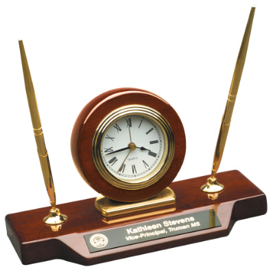 0020  -  9" x 4 3/4" Piano Finish Desk Clock on Base with 2 Pens